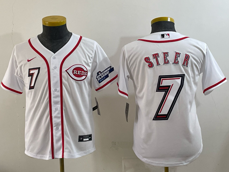 Youth Cincinnati Reds #7 Steer white Nike MLB 2025 Jersey 01